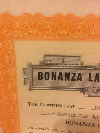 RARE - BONANZA LAND AND CATTLE CO,  Nevada,  1963,  Uncancelled Stock Cert - Orange 4
