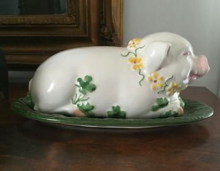 Rare Vintage Sur La Table Italian Majolica Pig With Flowers Butter Dish