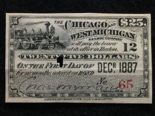 1887 Chicago And West Michigan Railway Company Stock Interest Coupon Rare