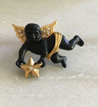 Rare Vintage Coreen Simpson Black And Gold Cherub Angel Pin Brooch