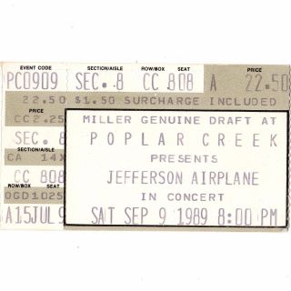 Jefferson Airplane Concert Ticket Stub Chicago Il 9/9/89 Poplar Creek Rare