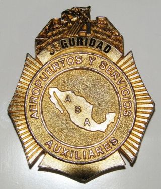 Obsolete Mexican Airport Asa Police Brass Badge Very Rare