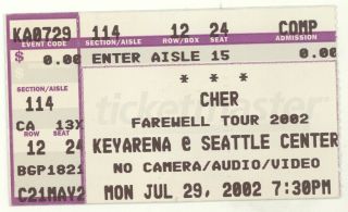 Rare Cher & Cyndi Lauper 7/29/02 Seattle Wa Keyarena Concert Ticket Stub