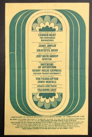 Fillmore East Handbill Grateful Dead Janis Joplin Zappa Cta Tya Beck 1969 Rare