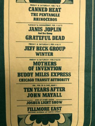 Fillmore East Handbill Grateful Dead Janis Joplin Zappa CTA TYA Beck 1969 RARE 6
