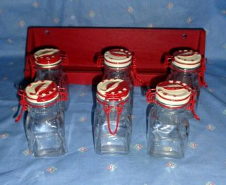 Rare 6 Vintage Spice Jars And Rack - 4 " Country Style Jars In 13 " Wood Rack -