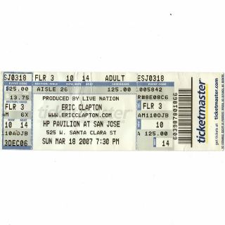Eric Clapton Concert Ticket Stub San Jose California 3/18/07 Back Home Tour Rare