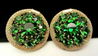 Rare Vintage 1 " Signed Weiss Goldtone Emerald Green Rhinestone Clip Earrings A31