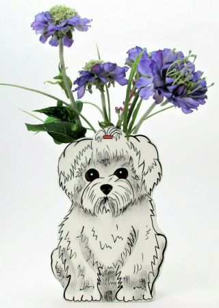 Adorable Rare Maltese Dog Signed Nina Lyman Ceramic Flower Vase Statue Rescue Me