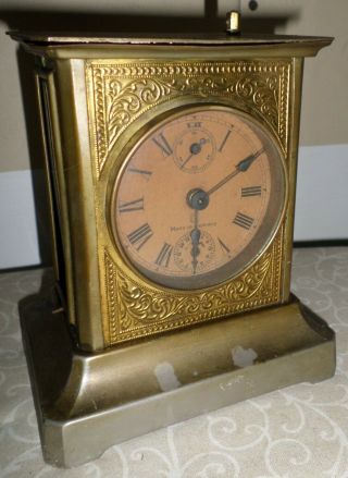 Rare Antique German Carling Key Wind Metal 3 Dial Musical Alarm Carriage Clock