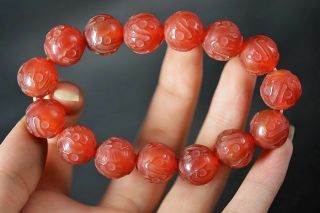 Rare Tibetan Natural Red Agate Carved Flower Dzi Bracelet Hand String J43