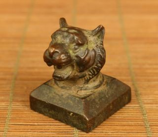 Rare Old Copper Hand Carving Tiger Head Seal Statue Netsuke Stamp Seal Decorate