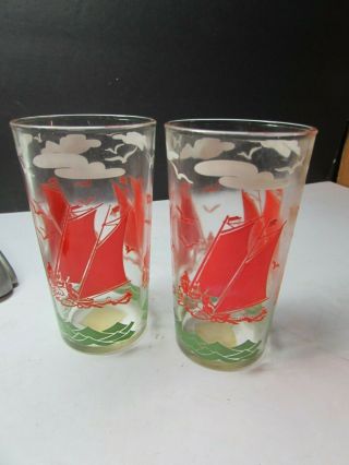 Rare Vintage Hazel Atlas Pair Water Glasses Sample With Label Nos Red Green Ship