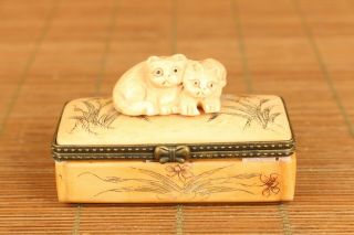 Rare Chinese Old Hand Carving Cat Figure Statue Jewel Box Snuff Box