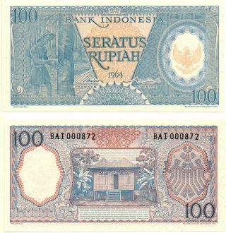 Indonesia 100 Rupiah (1964) Pick 98,  Unc Rare