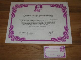 Rare Alf Tv Show Fan Club Certificate & Card - Signed By Alf -
