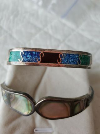 VINTAGE STERLING SILVER RARE TAXCO & alpaca MEXICO ABALONE INLAY CUFF BRACELET 2