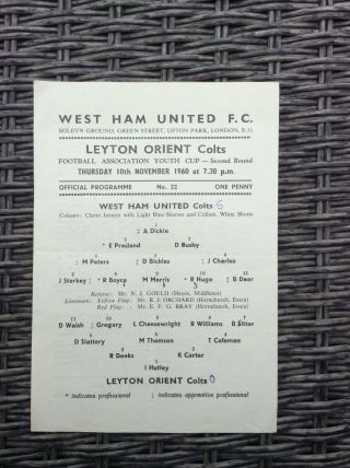 West Ham United Colts V Leyton Orient 10.  11.  1960 Rare One Pager Youth Cup 2nd 1