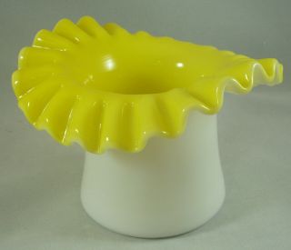 Rare Vintage Fenton Art Glass Yellow Overlay Crimped Ruffled Top Hat Vase