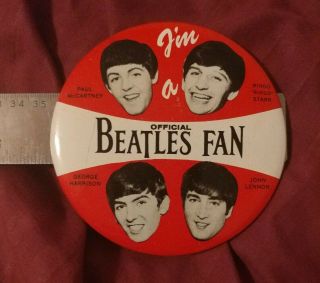 Old Rare Vintage Pinback Button Im A Beatles Fan 4 Inch Pin,  Sweet Shape