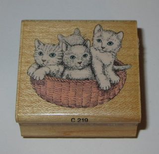 Kitty Basket Rubber Stamp Kittens Cats Hero Arts Rare Retired Wood Mtd 1 5/8 "