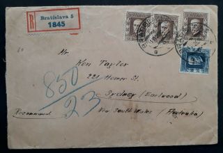 Rare 1926 Czechoslovakia Registd Cover Ties 4 Stamps Cnc Bratislava To Australia