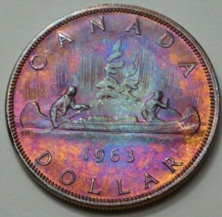 1963 Canada Silver Dollar Canoe Elizabeth Ii D.  G.  Regina Rare Coin Toned,  N R