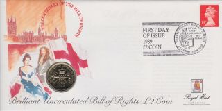 Gb Stamps First Day Cover 1999 Bill Of Rights & Rare Uncirculated £2 Coin