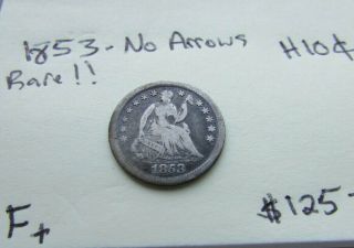 1853 No Arrows Rare Seated Liberty Half Dime Fine/vf Only 135k Minted