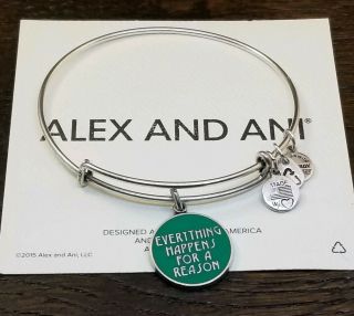 Rare Alex And Ani Teal Enamel " Everything Happens For A Reason " Bangle Bracelet