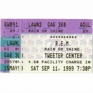 Rem Concert Ticket Stub Mansfield Ma 9/11/99 Tweeter Center Up Tour R.  E.  M.  Rare