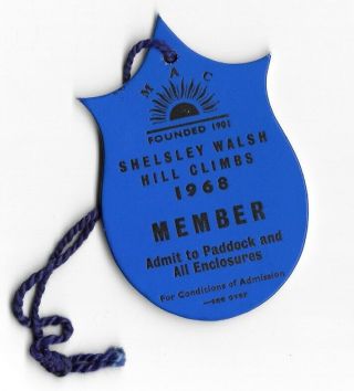 1968 Shelsley Walsh Hillclimb Members Paddock Pass Very Rare With String