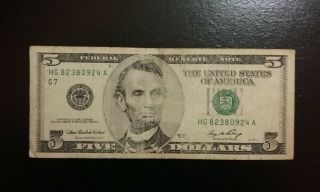 2006 $5 Dollar Bill.  Hg82380924a Chicago.  Meet Rare.  Federal Reserve Note.