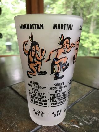 Vintage Frosted Glass Cocktail Shaker “dancing Indians” Mixed Drink Recipes Rare