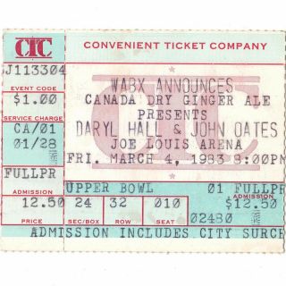Hall & Oates Concert Ticket Stub Detroit 3/4/83 Joe Louis Arena Rich Girl Rare
