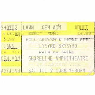 Lynyrd Skynyrd & Rossington Band Concert Ticket Stub Mountain View 7/2/88 Rare