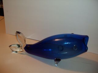 Rare Mid Century Blenko Fish Blue Clear Fins Vase Foil Label MT 3