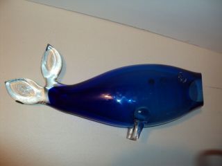 Rare Mid Century Blenko Fish Blue Clear Fins Vase Foil Label MT 6