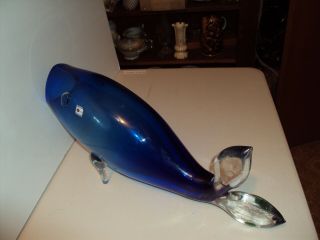 Rare Mid Century Blenko Fish Blue Clear Fins Vase Foil Label MT 8