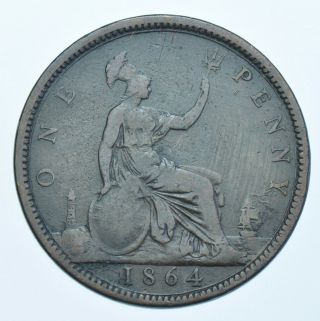Rare 1864 Penny,  Upper Serif,  British Coin From Victoria Avf [r9]