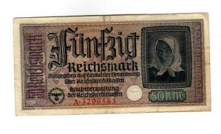 Xxx - Rare 50 Reichsmark 3 Reich Nazi Banknote Ww Ii Fine Con Swastika