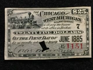 1885 Chicago And West Michigan Railway Company Stock Interest Coupon Rare