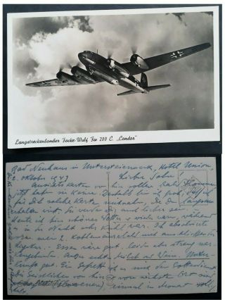 Rare 1941 Germany Postcard " Focke Wulf Condor " Sent From Bad Nauhaus
