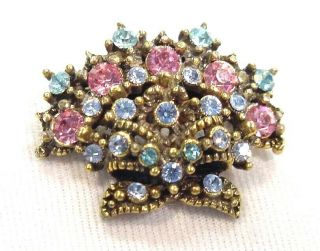 Vintage And Rare Hollycraft Corp 1950 Fan And Bow Pin Pink / Blue Rhinestones