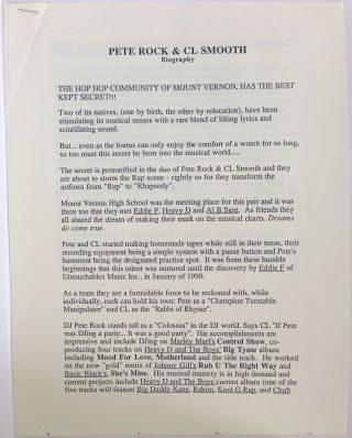 Pete Rock & Cl Smooth Rare 1990 Press Release Bio