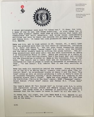Pete Rock & Cl Smooth Rare 1991 Press Release Bio,  Mecca Press Release