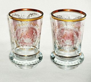 Rare 19th C Baccarat Crystal Pair Wedding Beaker Cup W/ 3 Swan Medallions & Gold
