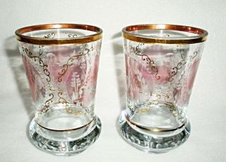 Rare 19th C BACCARAT Crystal Pair Wedding Beaker Cup w/ 3 Swan Medallions & Gold 2
