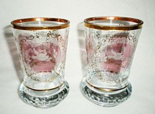 Rare 19th C BACCARAT Crystal Pair Wedding Beaker Cup w/ 3 Swan Medallions & Gold 4