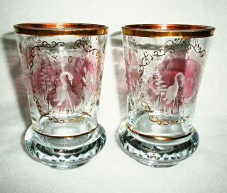 Rare 19th C BACCARAT Crystal Pair Wedding Beaker Cup w/ 3 Swan Medallions & Gold 8